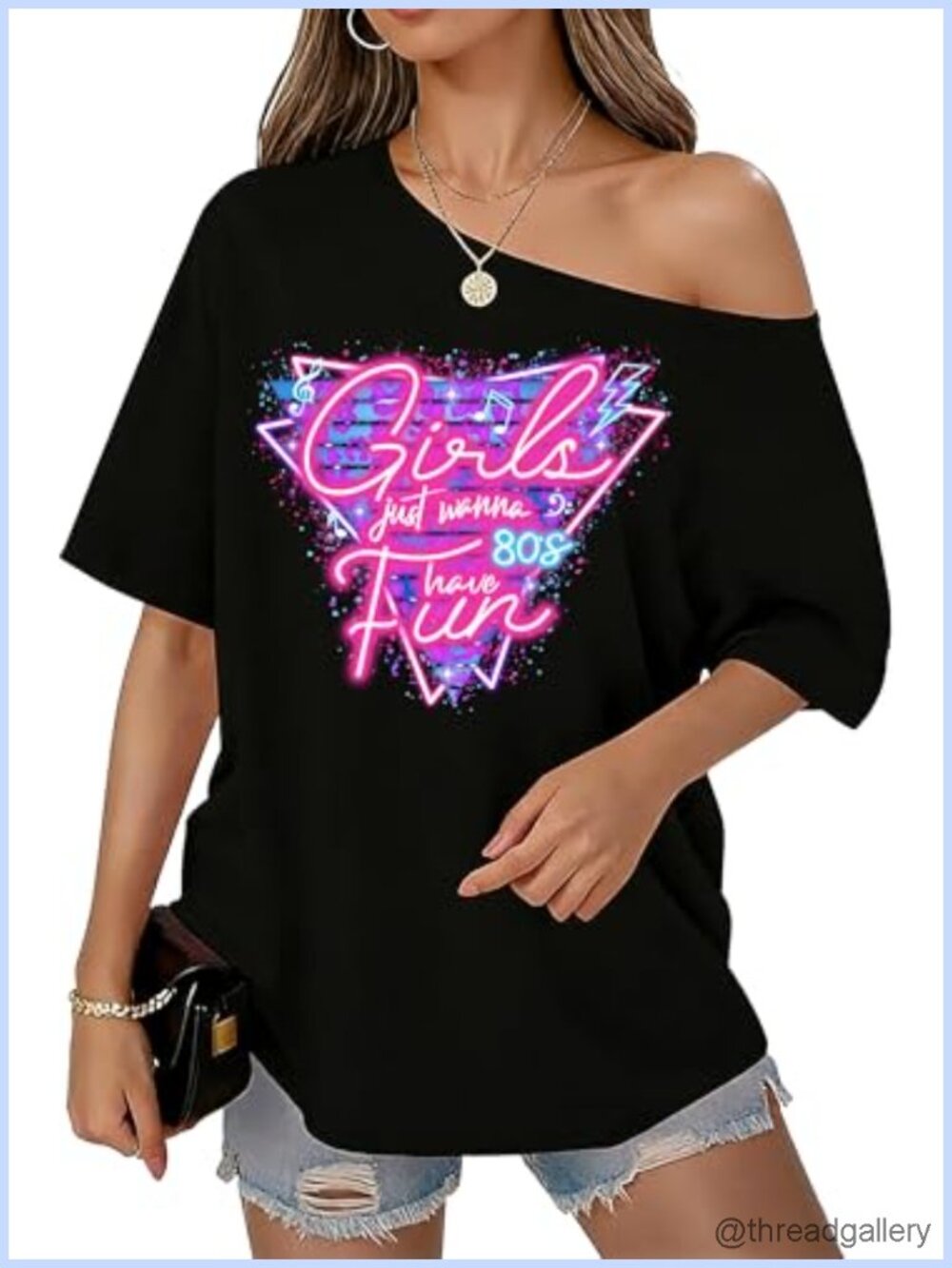 Oversized Retro 80s Graphic Tee Off Shoulder Party Top